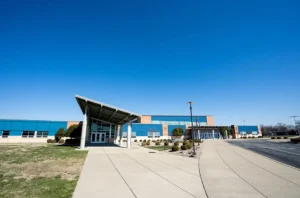 Exterior view of front of high school building
