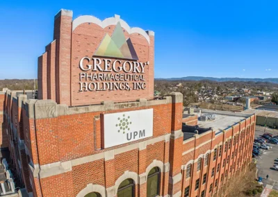 Close up exterior view of the company sign on the UPM Pharmaceuticals building