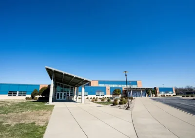 Exterior view of front of high school building